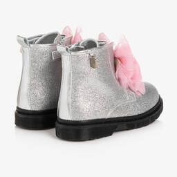 Monnalisa-Серебристые ботинки с бантами из тюля | Childrensalon Outlet
