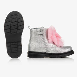 Monnalisa-Серебристые ботинки с бантами из тюля | Childrensalon Outlet