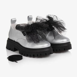 Monnalisa-Серебристые кожаные туфли с бантами из тюля | Childrensalon Outlet