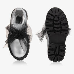 Monnalisa-Серебристые кожаные туфли с бантами из тюля | Childrensalon Outlet