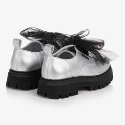 Monnalisa-Серебристые кожаные туфли с бантами из тюля | Childrensalon Outlet