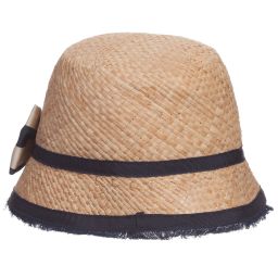 Monnalisa Chic-Girls Straw Hat with Navy Blue Trim & Bow | Childrensalon Outlet