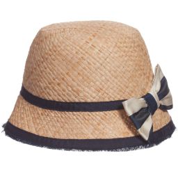 Monnalisa Chic-Girls Straw Hat with Navy Blue Trim & Bow | Childrensalon Outlet