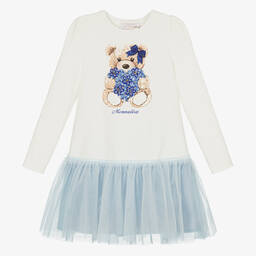 Monnalisa-فستان قطن وتول لون أبيض وأزرق | Childrensalon Outlet