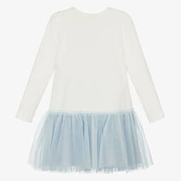 Monnalisa-فستان قطن وتول لون أبيض وأزرق | Childrensalon Outlet