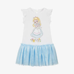 Monnalisa-Girls White & Blue Tulle Wonderland Dress | Childrensalon Outlet