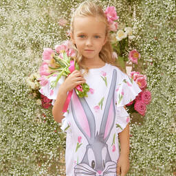 Monnalisa-Girls White Bugs Bunny Dress | Childrensalon Outlet
