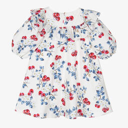 Monnalisa-Кремовое хлопковое платье с вишнями | Childrensalon Outlet