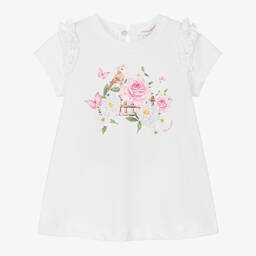 Monnalisa-Girls White Cotton Floral Dress | Childrensalon Outlet