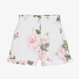 Monnalisa-Girls White Cotton Floral Shorts | Childrensalon Outlet