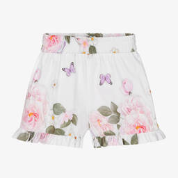 Monnalisa-Girls White Cotton Floral Shorts | Childrensalon Outlet