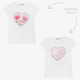Monnalisa-Белая хлопковая футболка с сердцем из пайеток | Childrensalon Outlet