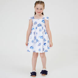 Monnalisa-Girls White Cotton Shell Print Dress | Childrensalon Outlet