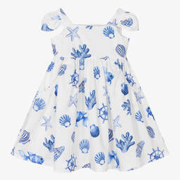 Monnalisa-Girls White Cotton Shell Print Dress | Childrensalon Outlet