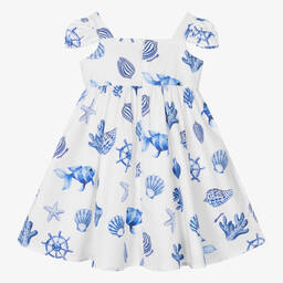 Monnalisa-Girls White Cotton Shell Print Dress | Childrensalon Outlet