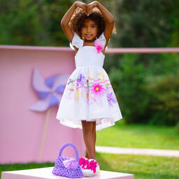 Monnalisa-Girls White Floral Cotton Butterfly Dress | Childrensalon Outlet