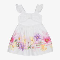 Monnalisa-Girls White Floral Cotton Butterfly Dress | Childrensalon Outlet