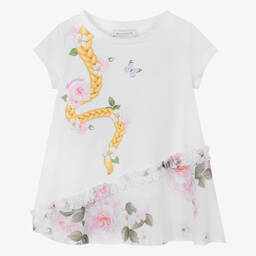 Monnalisa-Girls White Floral Cotton Disney T-Shirt | Childrensalon Outlet