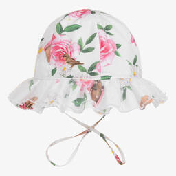 Monnalisa-Girls White Floral Cotton Hat | Childrensalon Outlet