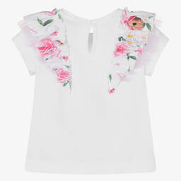 Monnalisa-Белая хлопковая футболка с рюшами с цветами для девочек | Childrensalon Outlet
