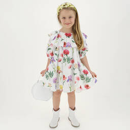 Monnalisa-Girls White Floral Dress | Childrensalon Outlet