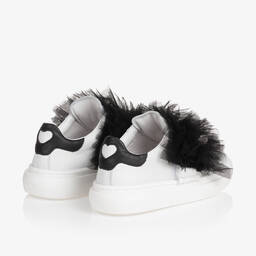 Monnalisa-Белые кожаные кроссовки с черной отделкой из тюля для девочек | Childrensalon Outlet