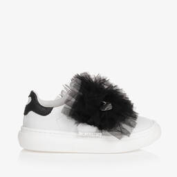 Monnalisa-Белые кожаные кроссовки с черной отделкой из тюля для девочек | Childrensalon Outlet