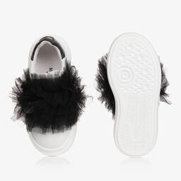 Monnalisa-Белые кожаные кроссовки с черной отделкой из тюля для девочек | Childrensalon Outlet