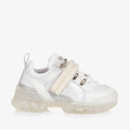 Monnalisa-Girls White Leather & Pearl Trainers | Childrensalon Outlet