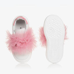 Monnalisa-Белые кожаные кроссовки с розовой отделкой из тюля для девочек | Childrensalon Outlet