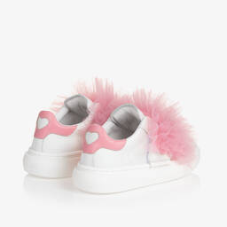 Monnalisa-Белые кожаные кроссовки с розовой отделкой из тюля для девочек | Childrensalon Outlet