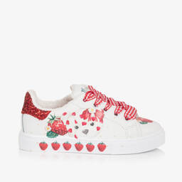 Monnalisa-Girls White Leather Strawberry Trainers | Childrensalon Outlet