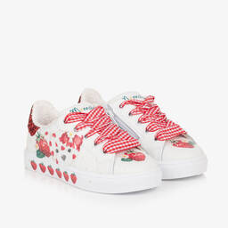 Monnalisa-Girls White Leather Strawberry Trainers | Childrensalon Outlet