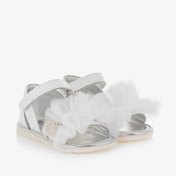 Monnalisa-Girls White Leather & Tulle Frill Sandals | Childrensalon Outlet