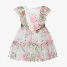Monnalisa-Girls White & Pink Tulle Dress | Childrensalon Outlet