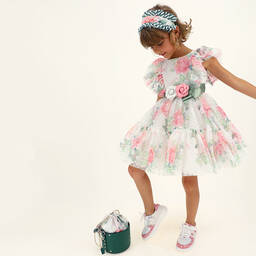 Monnalisa-Girls White & Pink Tulle Dress | Childrensalon Outlet