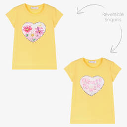 Monnalisa-Желтая хлопковая футболка с сердцем из пайеток | Childrensalon Outlet