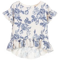 Monnalisa Chic-Ivory & Blue Crêpe Blouse | Childrensalon Outlet