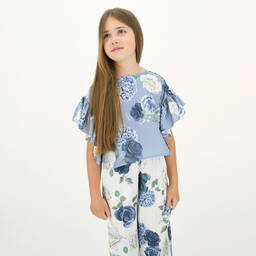 Monnalisa Chic-Ivory & Blue Floral Trousers | Childrensalon Outlet