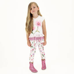 Monnalisa-Ivory Floral Cotton Leggings | Childrensalon Outlet