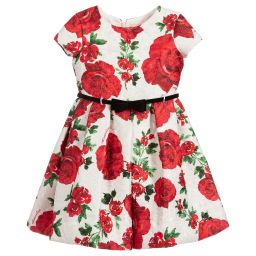 Monnalisa Chic-Ivory Jacquard Rose Dress | Childrensalon Outlet