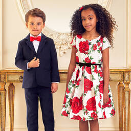 Monnalisa Chic-Ivory Jacquard Rose Dress | Childrensalon Outlet