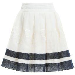 Monnalisa Chic-تنورة مطروزة من الحرير بلون أزرق داكن و عاجي | Childrensalon Outlet