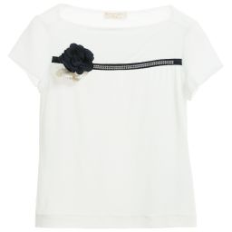 Monnalisa Chic-Ivory & Navy Blue T-Shirt with Corsage | Childrensalon Outlet