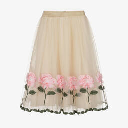 Monnalisa Шик-Кремовая юбка из тюля с розовыми розами | Childrensalon Outlet