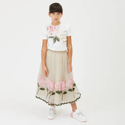 Monnalisa Шик-Кремовая юбка из тюля с розовыми розами | Childrensalon Outlet