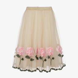 Monnalisa Шик-Кремовая юбка из тюля с розовыми розами | Childrensalon Outlet