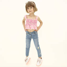 Monnalisa-Pink Daisy Print Ruched Top | Childrensalon Outlet