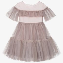 Monnalisa-Pink Tulle Floral Belt Dress | Childrensalon Outlet