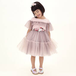 Monnalisa-Pink Tulle Floral Belt Dress | Childrensalon Outlet